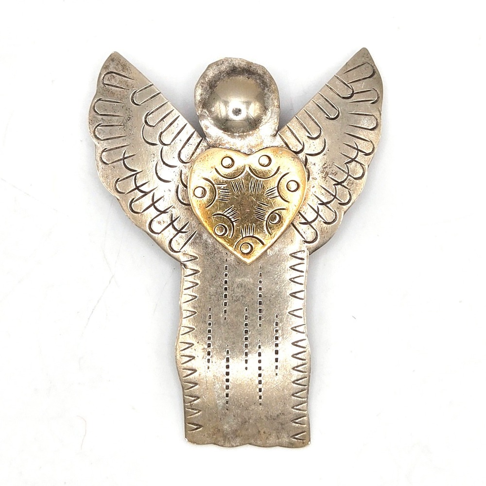 Mixed Metal Angel Brooch Vintage Silver Brass Tone Hand Stamped Heart Pin